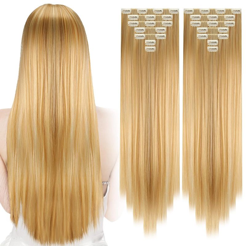 Photo 1 of 14 Pieces Clip in Hair Extensions Long Straight Hair Pieces 24 Inch 260g Hair Extensions High Temperature Synthetic Fiber Double Weft Soft Hair for Women Full Head (Golden Brown and Bleach Blonde) 