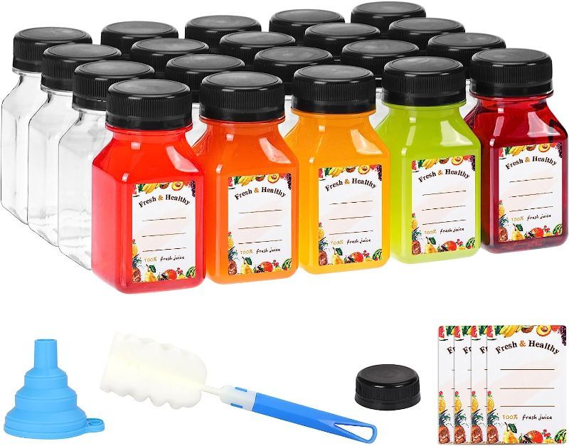 Photo 1 of 20 Pcs Juice Bottles 4oz Mini Juice Shot Bottles with Caps Reusable Bulk Beverage Containers with Label Tamper Funnel and Brush for Juicing and Drinking