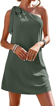 Photo 1 of Guteidee Women's One Shoulder Dress Casual Tie Bow Knot Sleeveless Mini Dress Small