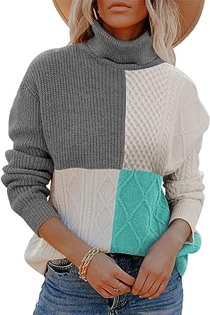 Photo 1 of AlvaQ Womens Color Block Turtleneck Sweaters for Women Long Sleeve Cable Knit Pullover Jumper Tops,Small