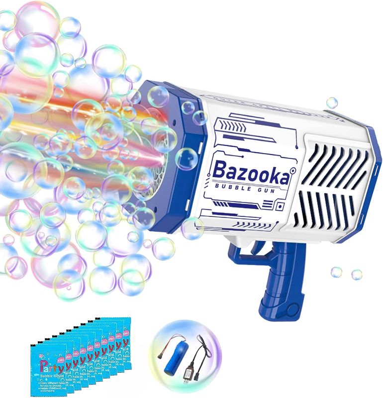 Photo 1 of Bubble Gun Bazooka Rocket Automatic Blower Machine No Dip for Toddlers 1-3 Kids Ages 4-8 Adults Girls Boys Wedding Party with Lights Refill Solution Soap Dinosaur Pink Blue