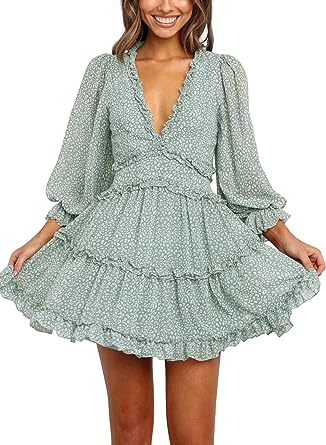 Photo 1 of Happy Sailed Womens Summer Long Sleeve Dress 2023 Deep V Neck Ruffle Layer Swing Mini Dresses
