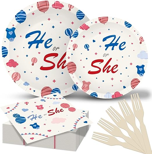 Photo 1 of 98Pcs Gender Reveal Party Tableware Supplies Set for He or She Baby Birthday Party Decorations Baby Shower Party Paper Plates Napkins Forks for 24 Guests
