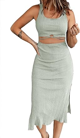 Photo 1 of Acelitt Womens Cut Out Bodycon Dress Summer Sleeveless Side Slit Midi Party Evening Dresses Medium