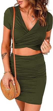 Photo 1 of Acelitt Women's 2 Piece Summer Outfits for Women 2023 V Neck Short Sleeve Crop Tops and Bodycon Mini Skirt Set Small