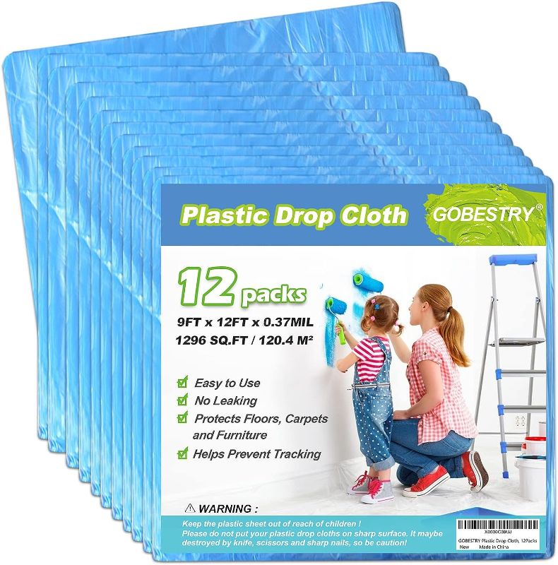 Photo 1 of 12 Pack Plastic Drop Cloth, 9 x 12 Plastic Tarps for Painting, Waterproof Clear Painters Plastic Sheets, Dustproof Floor Furniture Cover (0.37 Mil)(12 x Blue) 