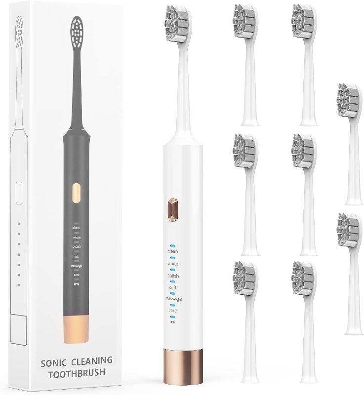Photo 1 of Goalie Rechargeable Electric Toothbrush with 9 Brush Heads & Anti-Loss USB Cable, 6 Modes, Medium Soft Bristles, Smart Timer, V1 Travel Version White Set
