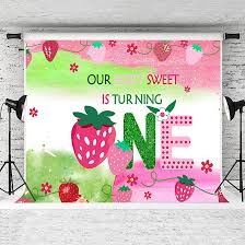 Photo 1 of EMDSPR 7x5FT Strawberry 1st Birthday Backdrop Our Little Sweet is Turning One Party Backdrops Pink Watercolor Fruit World Glitter Sweet Girl Baby Shower Portrait Studio Video Prop Vinyl BJRLPR113