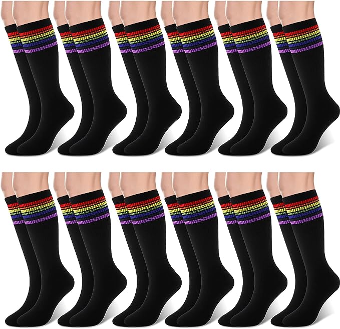 Photo 1 of 12 Pairs Rainbow Women's Knee High Socks Long Colorful Pride Striped Socks Thin Socks
