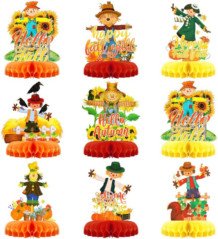 Photo 1 of Zhanmai 9 Pieces Thanksgiving Party Table Decor Paper Scarecrow Theme Honeycomb Centerpieces Fall Party 3D Double Side Honeycomb Decoration for Home Office Autumn Harvest Thanksgiving Party Supplies