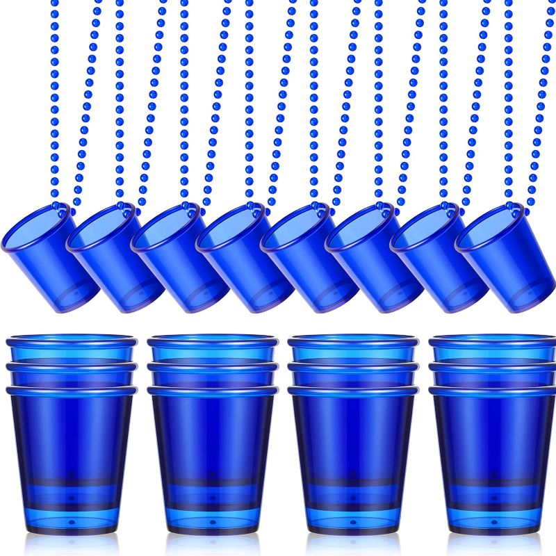 Photo 1 of 24 Pieces Shot Glass on Beaded Necklace Plastic Shot Cup Necklace Bachelorette Party Team Groom and Bride Supplies for Birthday Wedding Festival (Royal Blue) 