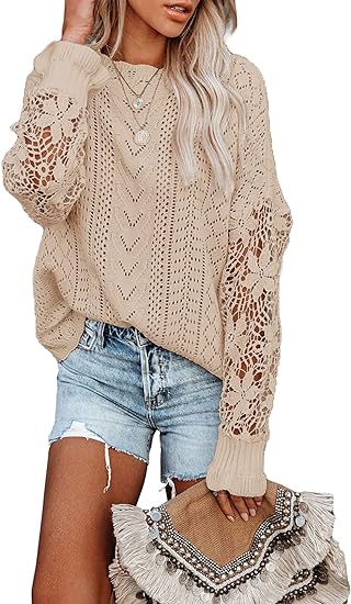 Photo 1 of AlvaQ Women's 2023 Lace Crochet Sweater Summer Fall Lightweight Crewneck Knit Sweaters Pullover Jumper Tops Size S 