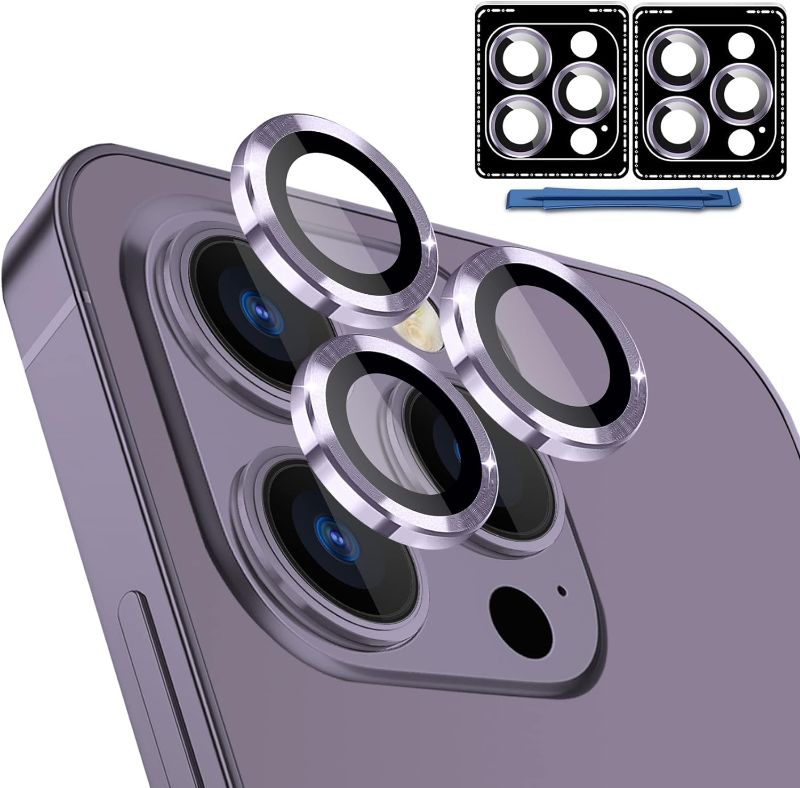 Photo 1 of 2 QsmQam [2 Pack Camera Lens Protector for iPhone 14 Pro/Pro Max & iPhone 15 Pro/Pro Max, Individual Metal Ring Tempered Glass Camera Cover, Anti-Scratch, with Installation and Removal Aids-Purple 