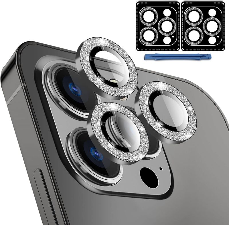 Photo 1 of QsmQam [2 Pack Camera Lens Protector for iPhone 14 Pro/Pro Max & iPhone 15 Pro/Pro Max, Individual Metal Ring Tempered Glass Camera Cover, with Installation and Removal Aids-Graphite Gray Glitter