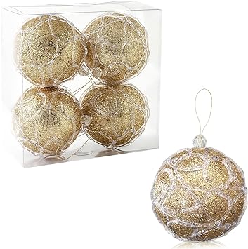 Photo 1 of ZHANYIGY 4.25" Christmas Ball Ornaments 4pc Set Gold Christmas Decorations Tree Balls for Xmas Trees Wedding Party Holiday Decorations Tabletop Small Trees Decoration
