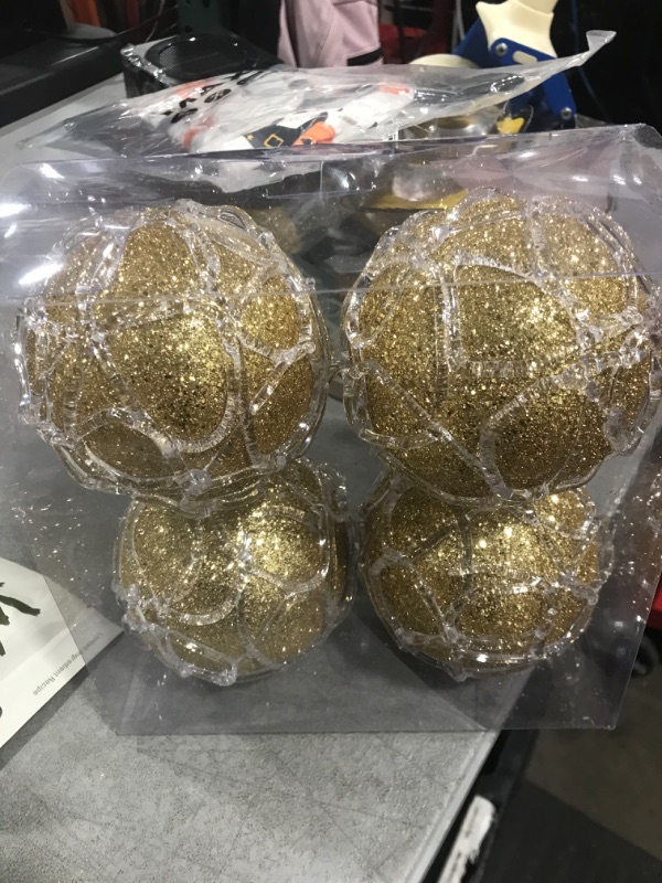 Photo 2 of ZHANYIGY 4.25" Christmas Ball Ornaments 4pc Set Gold Christmas Decorations Tree Balls for Xmas Trees Wedding Party Holiday Decorations Tabletop Small Trees Decoration
