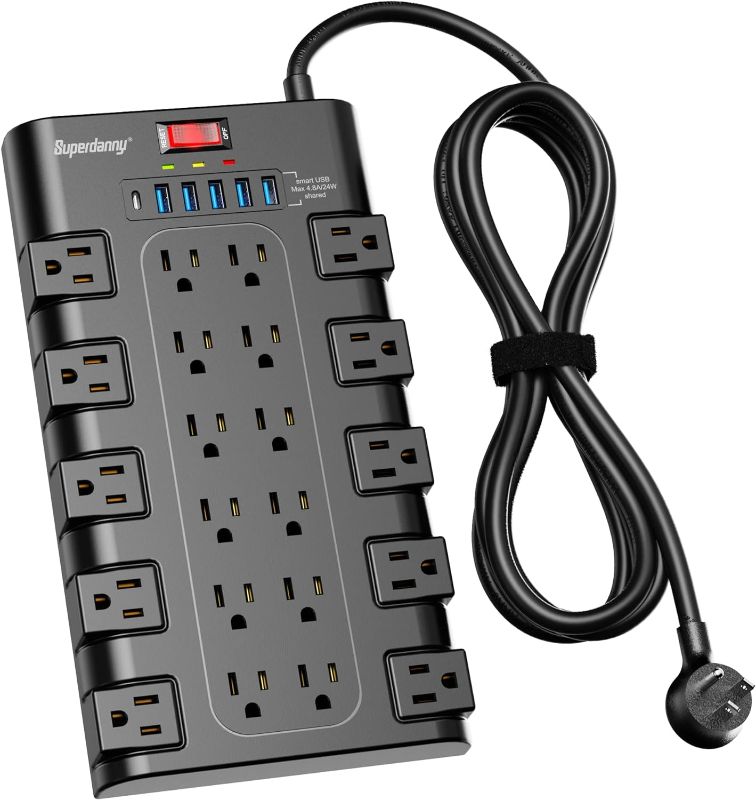 Photo 1 of Power Strip, SUPERDANNY Surge Protector with 22 AC Outlets and 6 USB Charging Ports, 1875W/15A, 2100 Joules, 6.5Ft Flat Plug Heavy Duty Extension Cord for Home, Office, Dorm, Gaming Room, Black