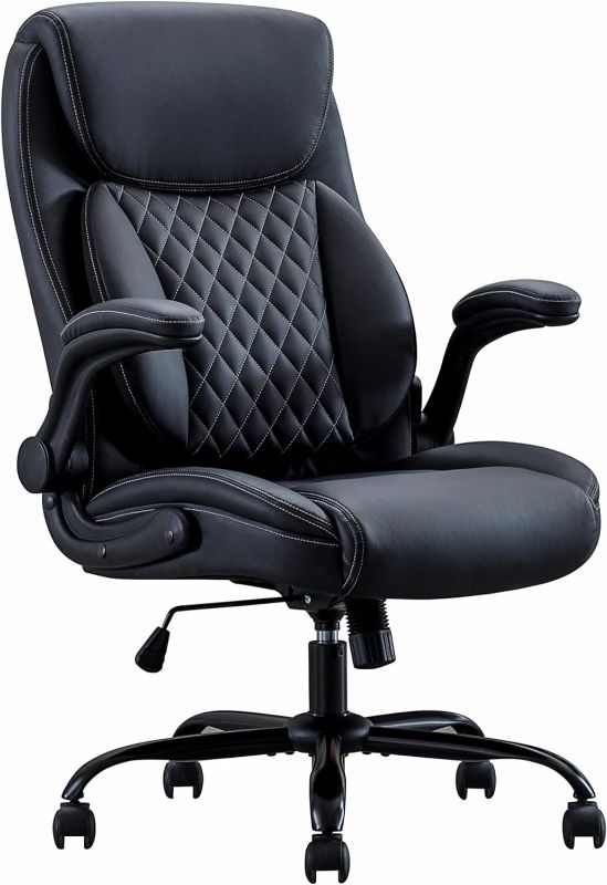 Photo 1 of DYHOME Ergonomic Office Chair Executive High Back Office Chair Black Leather Desk Chair Flip Up Arms Comfortable Home Office Chair with Lumbar Support
