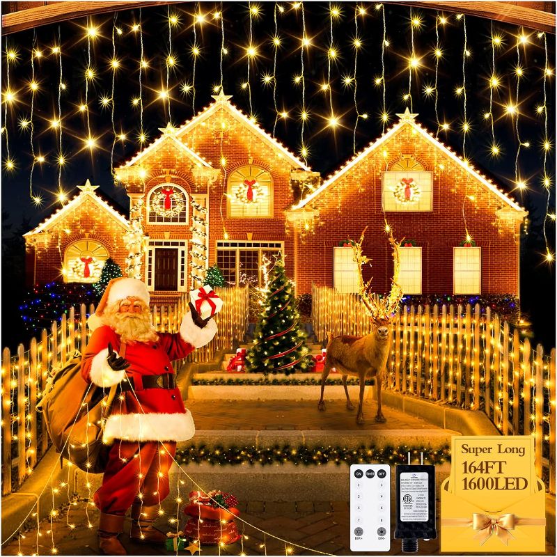 Photo 2 of 1600 LED 164FT Outdoor Christmas Lights Plug in 8 Modes with Timer Dimmable Christmas Decorations Waterproof Indoor Curtain String Lights for Roof Porch Garden Holiday Wedding Party Decor Warm White
