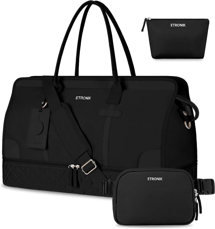 Photo 1 of ETRONIK Weekender Bag with Belt Bag, Large Travel Duffle Bag with Shoe Compartment & Wet Pocket, Overnight Bag for Women Carry On Tote Bag Gym Duffel Bag with Makeup Bag 5 Pcs Sets, Large Size, Black
