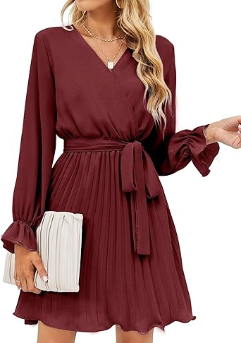 Photo 1 of BBX Lephsnt Women’s Summer Casual Wedding Guest Dress Long Puff Sleeve V Neck Pleated Ruffle Flowy Belted Mini Dress, Medium
