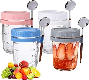 Photo 1 of 4 Pack Overnight Oats Jars, Overnight Oats Containers with Lids and Spoons, 16 Oz Glass Mason Jars for Overnight Oats Leak Proof Oatmeal Container Great for Cereal, Yogurt, Milk, Salads, Fruit 