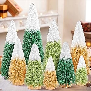 Photo 1 of 9Pcs Mini Christmas Trees Christmas Decor Artificial Christmas Decorations with 4 Sizes, Christmas Tree Bottle Brush Trees Christmas Table Decorations (Green Golden Yellow) 