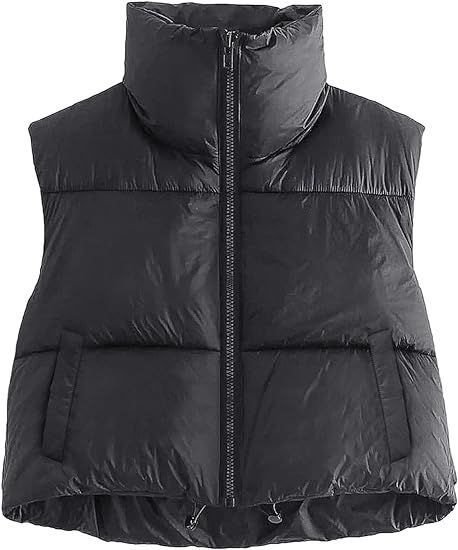 Photo 1 of AUTOMET Women's Cropped Puffer Vest Winter Lightweight Sleeveless Warm Outerwear Vests Padded Gilet MEDIUM BLACK 