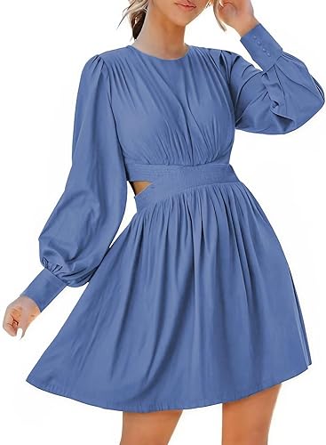 Photo 1 of * STOCK PHOTO FOR REFERENCE ONLY*Acelitt Womens Lantern Long Sleeve Crewneck Crossover Waist Dresses Ruffle Mini Dress, LARGE 