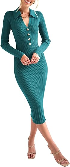 Photo 1 of BLENCOT Women's Ribbed Button Down Sweater Dress Casual V Neck Solid Lapel Knit Midi Pullover Pencil Dresses Medium GREEN 