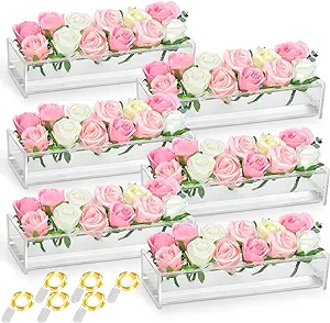 Photo 1 of 6PCS Flower Vase Acrylic Rectangular Rectangular Acrylic Vase with Light 12 Inches Long Rectangle Acrylic Vase Floral Vases for Wedding Dining Table Home Decor 