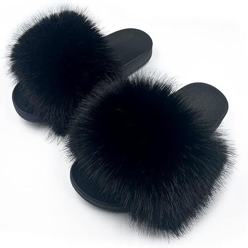 Photo 1 of ZOSCGJMY Faux Fur Slides for Women Fluffy Slippers Fuzzy Sandals Furry Slides Open Toe Indoor Outdoor -SIZE 6

