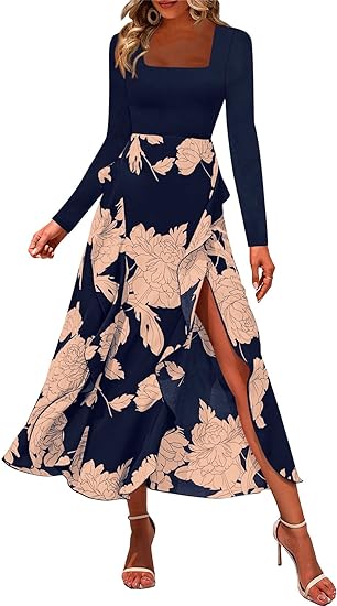 Photo 1 of Fisoew Women's Floral Long Sleeve Boho Dress Casual Spuare Neck Ruffle Slit Party Midi Dresses - LARGE 
