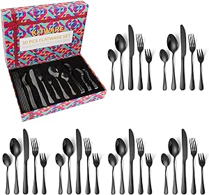 Photo 1 of 30 Pieces Black Silverware Set with Gift Box, Black Flatware Set for 6, Stainless Steel Tableware Cutlery, Home Kitchen Utensil Set Fork Spoon Knife 