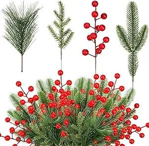 Photo 1 of 100 Pieces Artificial Pine Needles Branches and Artificial Red Berry Stems Fake Greenery Pine Picks Christmas Red Berry Picks Holly Berries Branches Christmas Fake Tree Branches for DIY Garland Wreath 