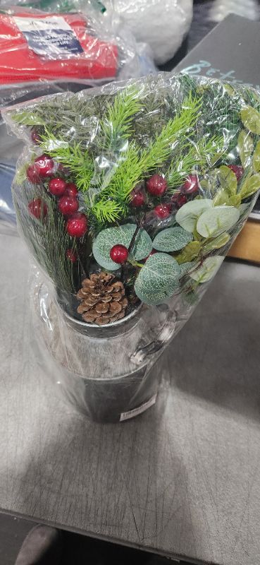 Photo 2 of  Christmas Centerpiece Table Decoration Xmas Floral Arrangement Farmhouse Galvanized Pot with Pine Cone Red Holly Berry Pick Christmas Decor for Table Indoor Kitchen Shelf Mantle (Tin Color)
