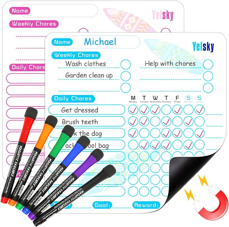 Photo 1 of 2 PCS Chore Chart for Kids & 6 Dry Erase Markers with Eraser, Dry Erase Magnetic Chore Charts for Kids Multiple Kids, Weekly Daily Behavior Reward Chart Whiteboard for Kids Teenagers on Refrigerator
