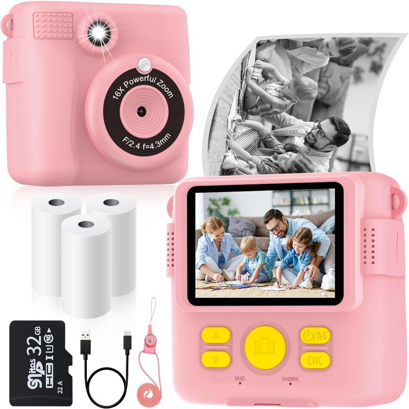Photo 1 of Instant Print Camera for Kids with 3 Rolls of Printer Paper, 1080P Toddler Digital Camera Toys for Age 3-12 with 32GB SD Card, Christmas & Birthday Gifts for 3 4 5 6 7 8 Year Old Girls & Boys (Pink)
