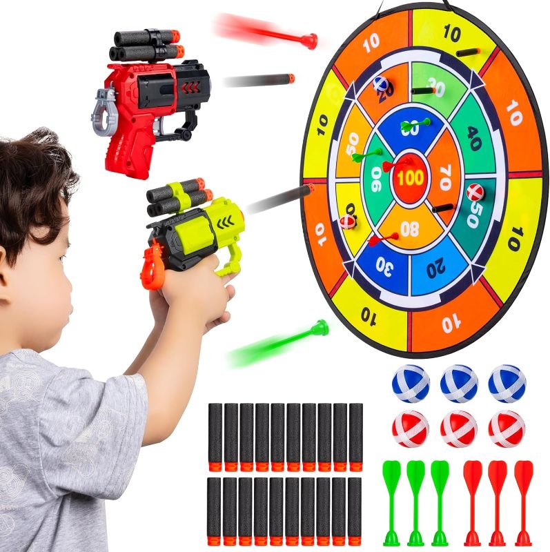 Photo 1 of 29" Dart Board for Kids - Double Sided Shooting Games with 2 Toy Guns, 6 Sticky Balls and Darts, Indoor Outdoor Party Sport Toys 
