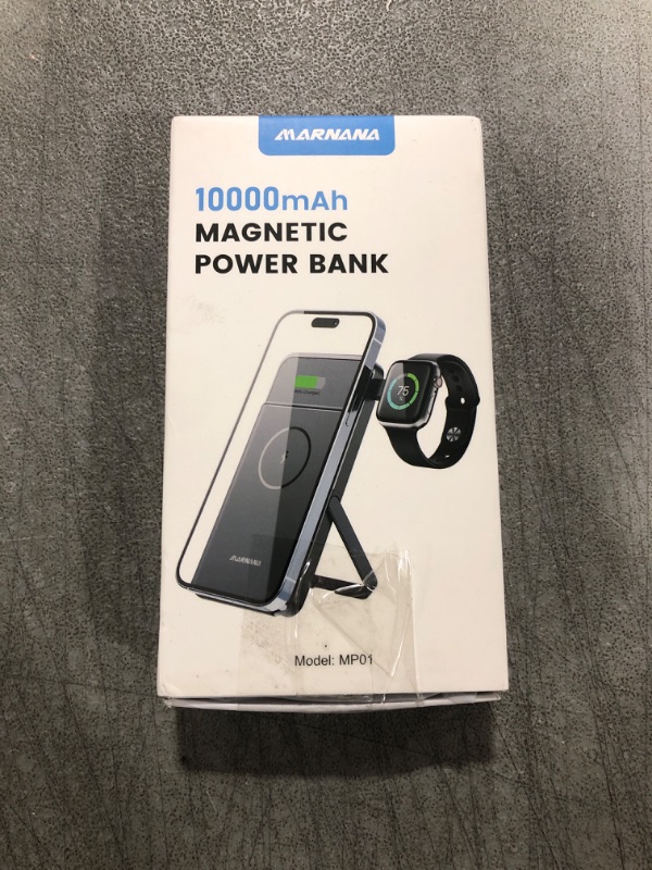 Photo 2 of Marnana Magnetic Wireless Power Bank with Apple Watch Charger, 10000mAh Fast Charging Portable Charger Battery Bank w/Foldable Stand for MagSafe iPhone 12/13/14/15 Series & Apple Watch 8/7/6/5/4/3/2