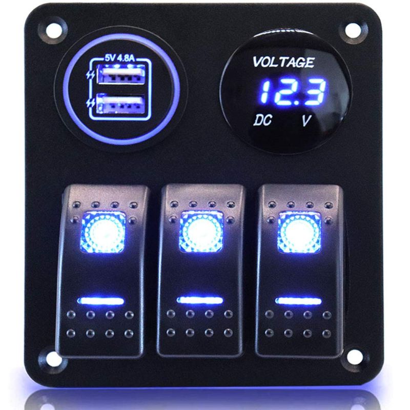 Photo 1 of 3 Gang Waterproof Marine Boat Rocker Switch Aluminum Panel, DC 12V/24V 5 Pin ON-Off Switch, with Upgrade Arc LED Digital Display Voltmeter and 4.8A Dual USB Slot Socket for Boat Car Rv Vehicles Truck
