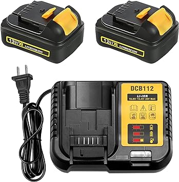 Photo 1 of 3.0A 2 Pack DCB120 Battery with DCB112 Charger Compatible with Dewalt 12V 20V Battery DCB123 DCB127 DCB122 DCB124 DCB121 Power Tools Batteries Replacement DCB105 DCB107 DCB101 DCB115 Charger 