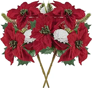 Photo 1 of 2 Pieces Artificial Poinsettia Flowers Christmas Flowers, Faux Red Velvet Poinsettia Carnation Bouquet Silk Poinsettia Flowers For Xmas Party Holiday Cemetery Flowers Arrangements Wedding Decor 