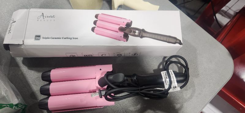 Photo 2 of 32mm (1.25") Triple Ceramic Curling Iron, Aima Beauty Mermaid Big Wave 3 Barrel Wand with Adjustable Temperature, Portable Hair Waver Heats Up Quickly (Pink)
