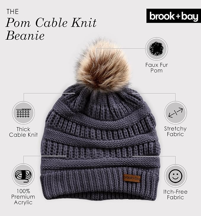 Photo 1 of Brook + Bay Pom Pom Beanie Winter Hat for Women - Faux Fur Pompom Warm Chunky Soft Cable Knit Hats - Cold Weather Knitted Cap
