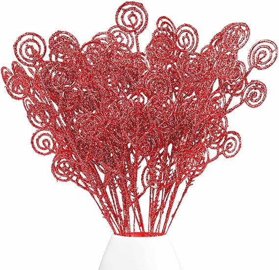 Photo 1 of 32 Pcs Red Glitter Christmas Picks Christmas Tree Filler Branches, Candy Christmas Tree Sticks for Xmas Floral Picks Sprays Crafts Party Festive Home Tree Decorations