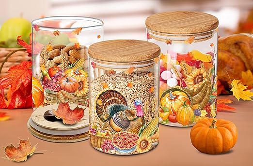 Photo 1 of 3 Pack Glass Storage Jars-Thanksgiving Turkey Canisters Sets with Airtight Bamboo Lid for Countertop-Thanksgiving Kitchen Decor Clear Glass Storage Jars 