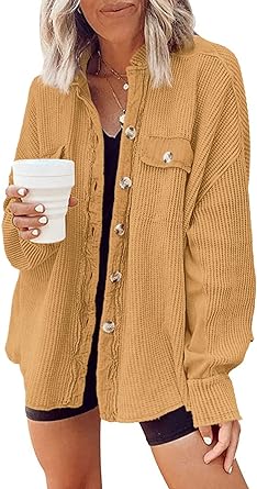 Photo 1 of Yanekop Womens Waffle Knit Shacket Boyfriend Shirt Jacket Button Down Blouse Loose Fit Long Sleeve Tops (Size: 2XL)

