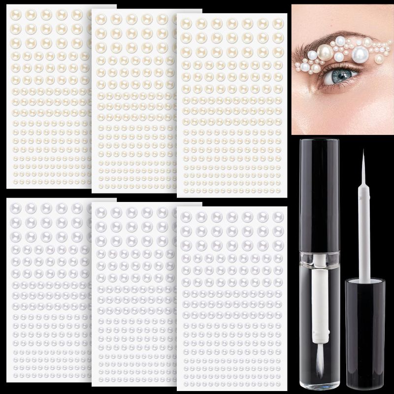 Photo 1 of 1182 Pcs of Pearl Stickers 3/4/5/6/8mm White+Beige Pearls Self Adhesive Face Gems, Stick on Body Crystal Beads with Quick Dry Makeup Glue for Face Eye Hair Nails Make up and Craft DIY Decorations 03-3 Sheet White+3 Sheet Beige