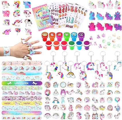 Photo 1 of 122pcs Unicorn Party Favors for Kids, Unicorn Party Supplies for Birthday Gift Bags with Unicorn Slap Bracelets Rings Keychain Mochi Squishy Toys Sticker Sheets Stamps for Pinata Goodie Bag Fillers 